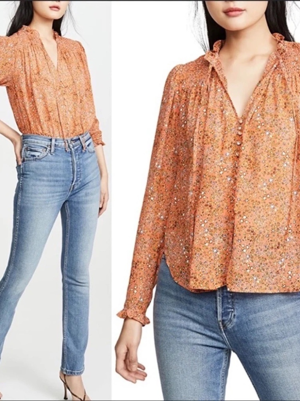 Free People Size XS Lela Blouse Coral Combo Floral Smocked Bohemian Summer Boho